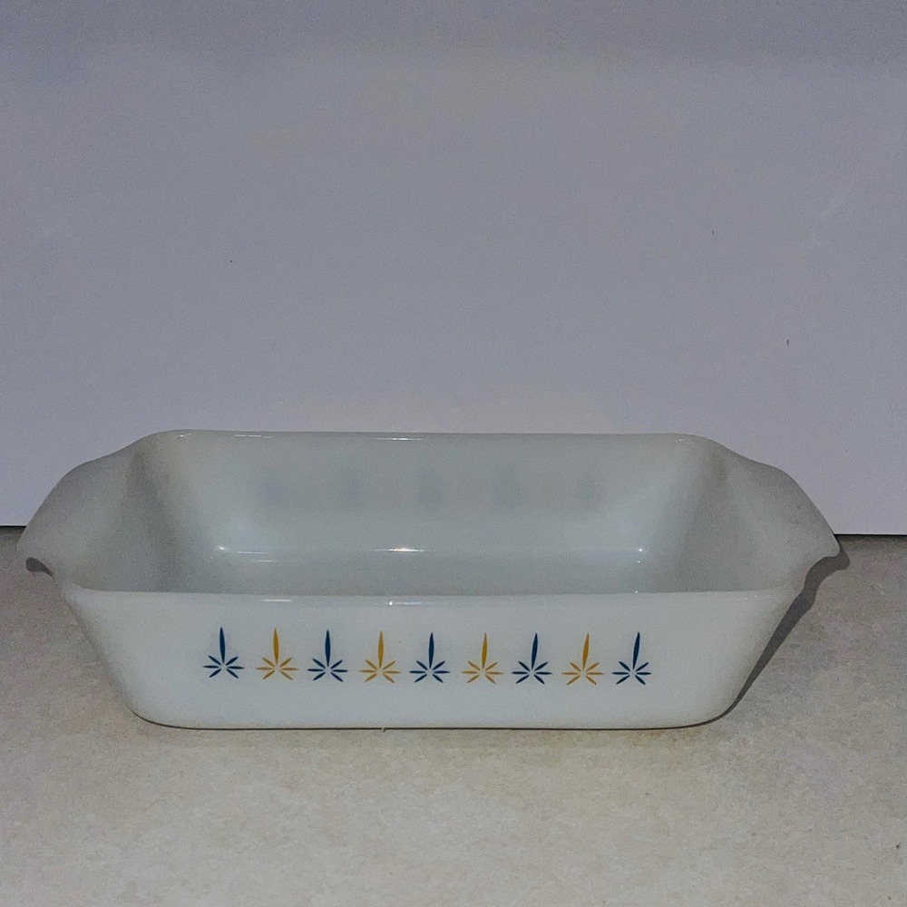 Fire-King Atomic Starburst Milk Glass Loaf Pan White Blue Gold Vintage MCM